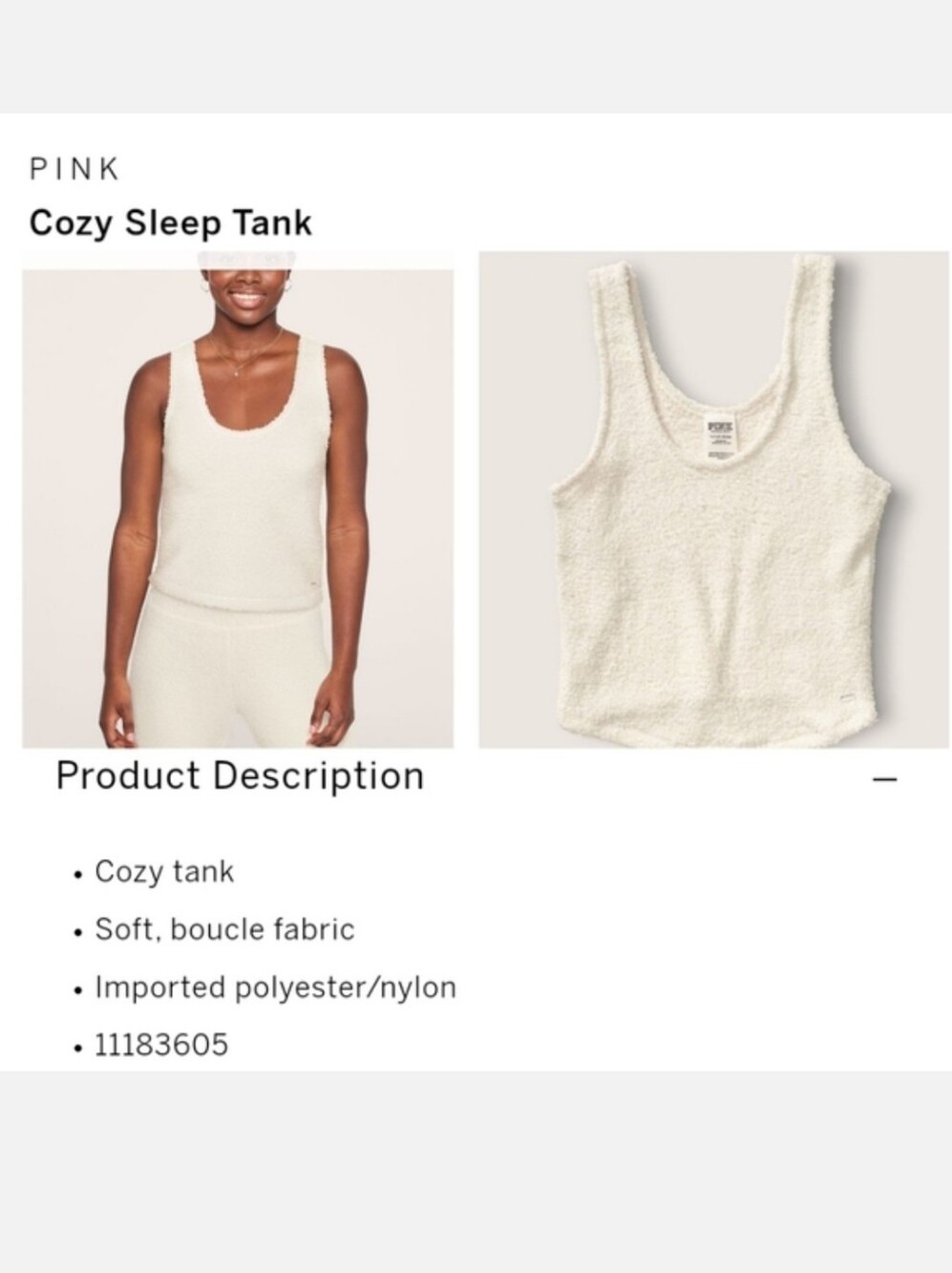 Victoria's secret pink Crop cozy sleep tank CREAM MEDIUM